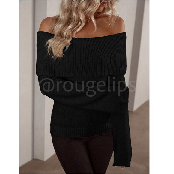 Black Off Shoulder Fold Over Sweater Pullover Knit Long Sleeve - Picture 4 of 7
